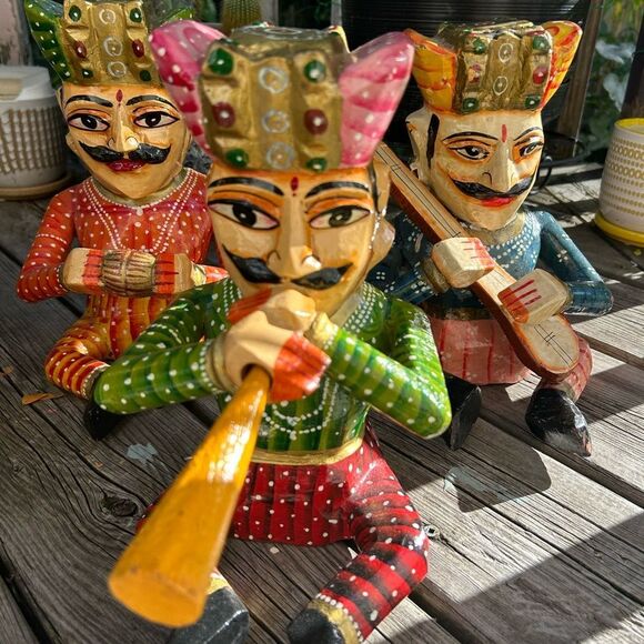 Vintage Set 4- Indian Handicraft Wooden Rajasthan Musicians Folk Art Statues - Picture 11 of 16